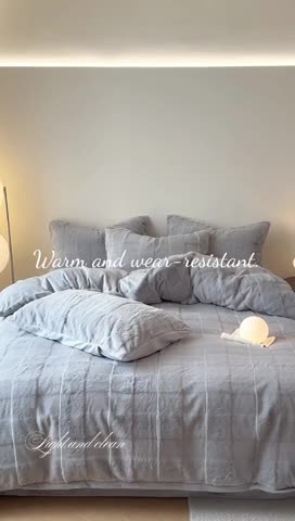 91家纺网 家纺一手货源 找家纺 沐棉 2023新款秋冬加厚保暖兔毛绒牛奶绒四件套 方格-灰