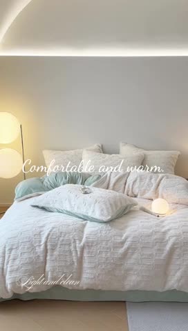 91家纺网 家纺一手货源 找家纺 沐棉 2023新款秋冬加厚保暖兔毛绒牛奶绒四件套 波浪-米拼绿