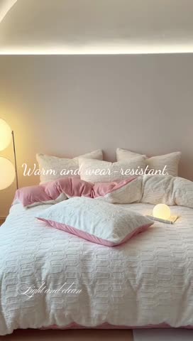 91家纺网 家纺一手货源 找家纺 沐棉 2023新款秋冬加厚保暖兔毛绒牛奶绒四件套 波浪-米拼粉