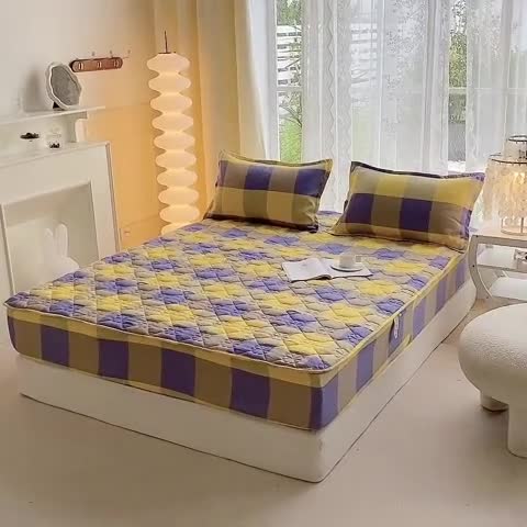 91家纺网 家纺一手货源 找家纺 米柳 2024新款亲肤夹棉印花床笠 紫黄大格