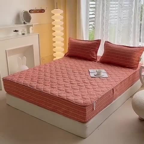 91家纺网 家纺一手货源 找家纺 米柳 2024新款亲肤夹棉印花床笠 素锦橘