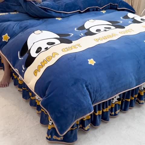 91家纺网 家纺一手货源 找家纺 金柚子 2024新款加厚牛奶绒四件套 小熊猫