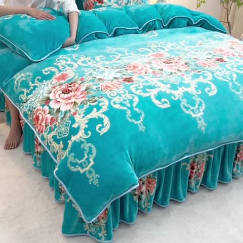 91家纺网 家纺一手货源 找家纺 金柚子 2024新款加厚牛奶绒四件套 花团锦簇