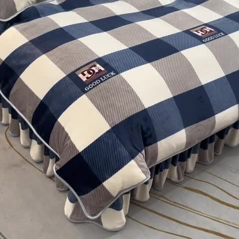 91家纺网 家纺一手货源 找家纺 金柚子 2024新款加厚牛奶绒四件套 蓝大格