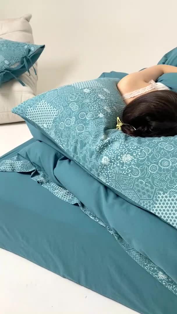 91家纺网 家纺一手货源 找家纺 安莱生活 2023简约花妍缤纷拼边四件套图1 缤纷花妍雾蓝