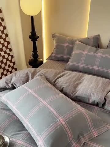 91家纺网 家纺一手货源 找家纺 价格下调三沁 直播爆款纯棉全棉色织水洗棉简约格子式四件套倾城淡雅灰