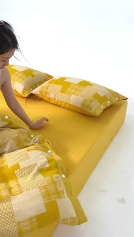 91家纺网 家纺一手货源 找家纺 安莱生活 2023新款拼布田园纽扣款四件套 拼布田园纽扣款-姜黄