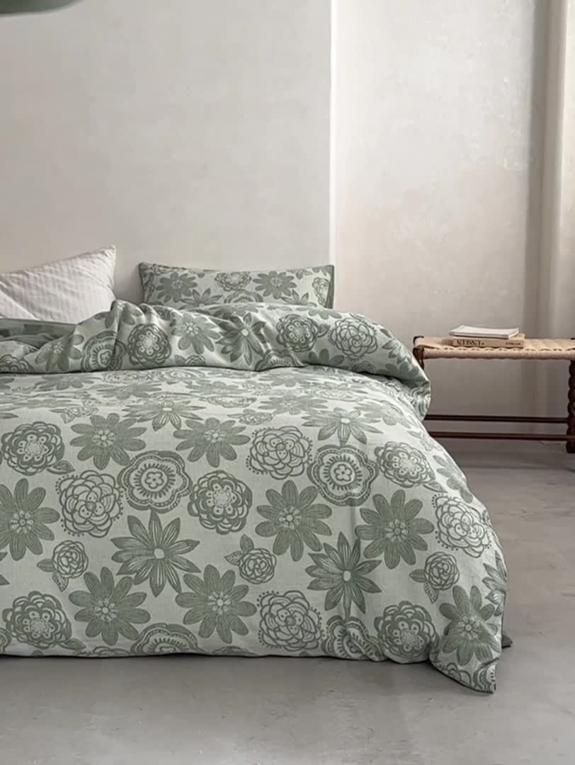 91家纺网 家纺一手货源 找家纺 安莱生活 2023新款双层纱百花争妍四件套 百花争妍-草绿