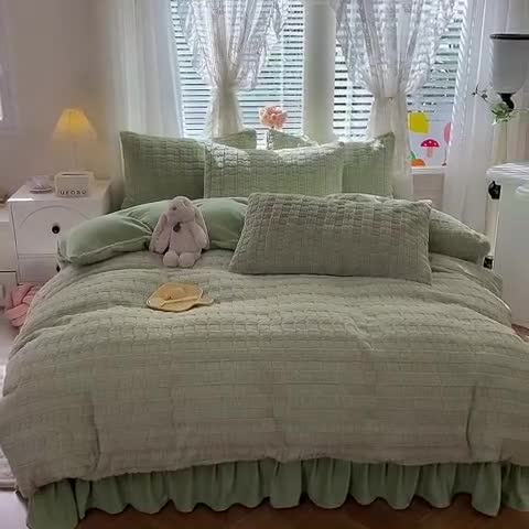 91家纺网 家纺一手货源 找家纺 欧冠家纺 2023新款高克重兔绒牛奶绒四件套 抹茶绿