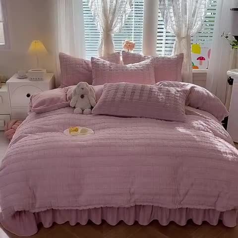 91家纺网 家纺一手货源 找家纺 欧冠家纺 2023新款高克重兔绒牛奶绒四件套 奶油粉