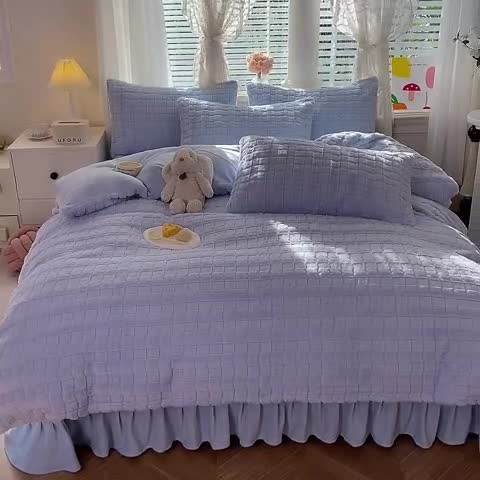 91家纺网 家纺一手货源 找家纺 欧冠家纺 2023新款高克重兔绒牛奶绒四件套 天空蓝