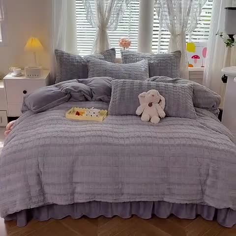 91家纺网 家纺一手货源 找家纺 欧冠家纺 2023新款高克重兔绒牛奶绒四件套 优雅灰