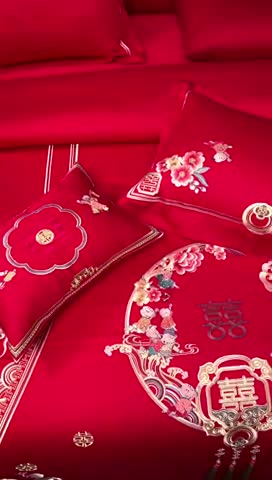 91家纺网 家纺一手货源 找家纺 （总）高大尚 2023新款长绒棉四件套囍嫁系列-八方来喜