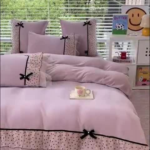 91家纺网 家纺一手货源 找家纺 2025新款牛奶绒拼纱四件套-洛可可 粉紫