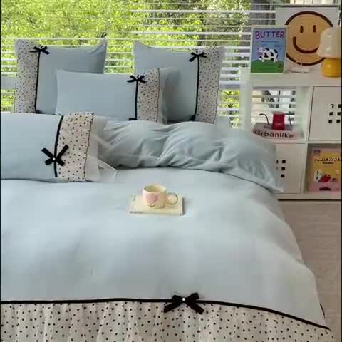 91家纺网 家纺一手货源 找家纺 2025新款牛奶绒拼纱四件套-洛可可 蓝色