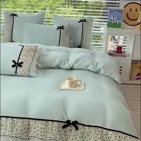 91家纺网 家纺一手货源 找家纺 2025新款牛奶绒拼纱四件套-洛可可 水绿