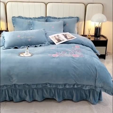 91家纺网 家纺一手货源 找家纺 金米诺 2024新款婴儿绒韩版床单绣花四件套 浅蓝