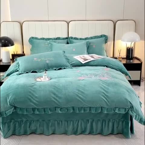 91家纺网 家纺一手货源 找家纺 金米诺 2024新款婴儿绒韩版床单绣花四件套 翡翠绿