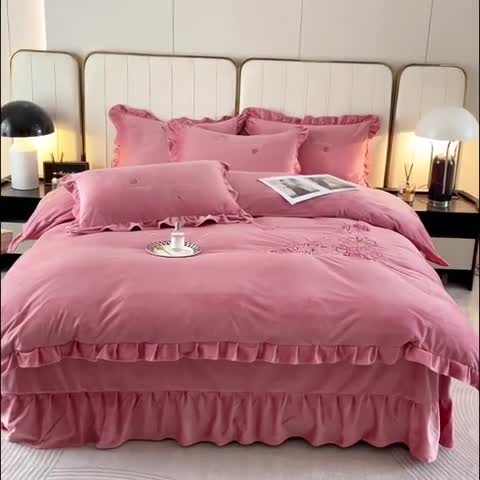 91家纺网 家纺一手货源 找家纺 金米诺 2024新款婴儿绒韩版床单绣花四件套 豆沙