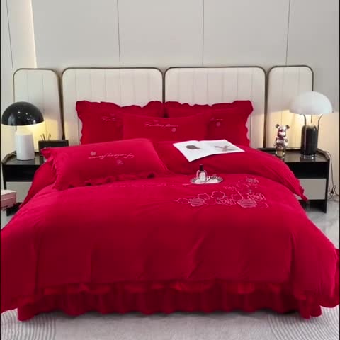 91家纺网 家纺一手货源 找家纺 金米诺 2024新款婴儿绒韩版床单绣花四件套 大红