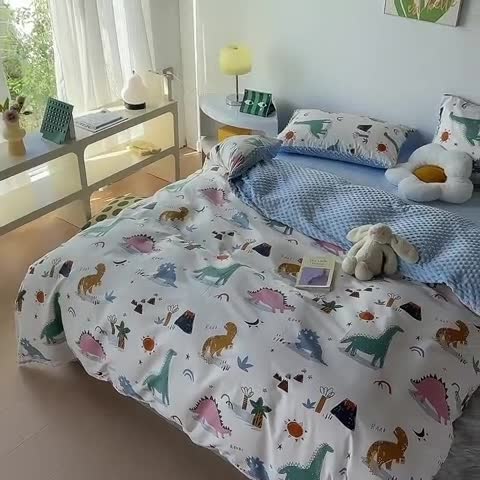 91家纺网 家纺一手货源 找家纺 怡家居 2023新款秋冬棉加豆豆绒印花四件套 小恐龙