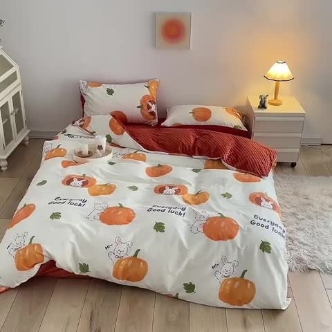 91家纺网 家纺一手货源 找家纺 怡家居 2023新款秋冬棉加豆豆绒印花四件套 南瓜兔