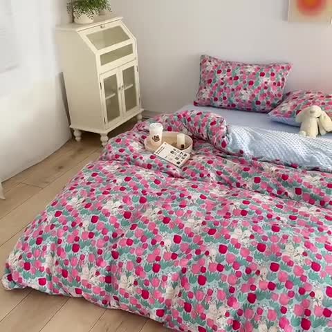 91家纺网 家纺一手货源 找家纺 怡家居 2023新款秋冬棉加豆豆绒印花四件套 开心兔