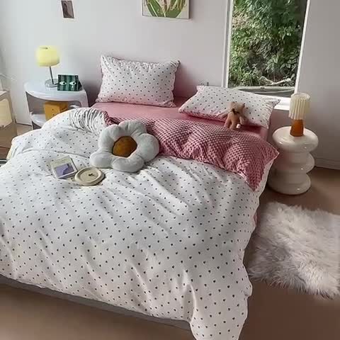 91家纺网 家纺一手货源 找家纺 怡家居 2023新款秋冬棉加豆豆绒印花四件套 粉花花