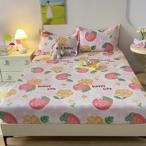 91家纺网 家纺一手货源 找家纺 甜之梦 新款12868全棉印花系列单床笠（可接缺角异型）快乐草莓