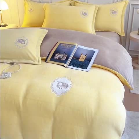 91家纺网 家纺一手货源 找家纺 牛奶绒双拼小香风刺绣贴布绣四件套-戴安娜（含买家秀）戴安娜-柠檬黄
