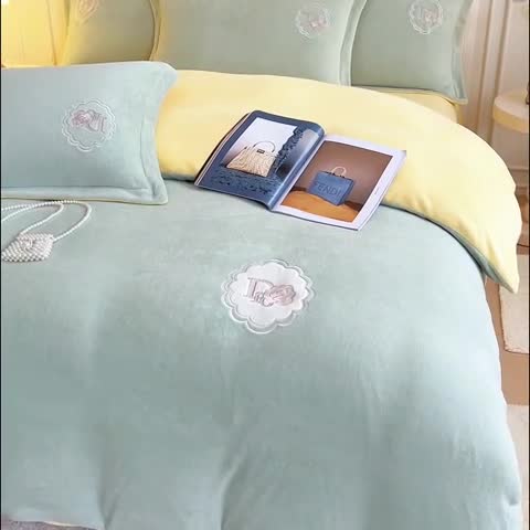 91家纺网 家纺一手货源 找家纺 牛奶绒双拼小香风刺绣贴布绣四件套-戴安娜（含买家秀）戴安娜-牛油果绿