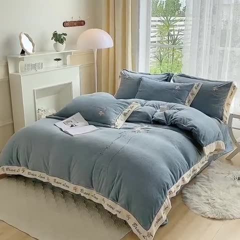 91家纺网 家纺一手货源 找家纺 可以家居 2023新款全消光云绒雅思绒牛奶绒刺绣四件套-漫妮 漫妮-蓝