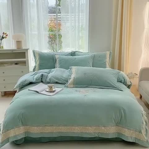 91家纺网 家纺一手货源 找家纺 可以家居 2023新款全消光婴儿绒牛奶绒刺绣四件套-恋语 恋语-绿