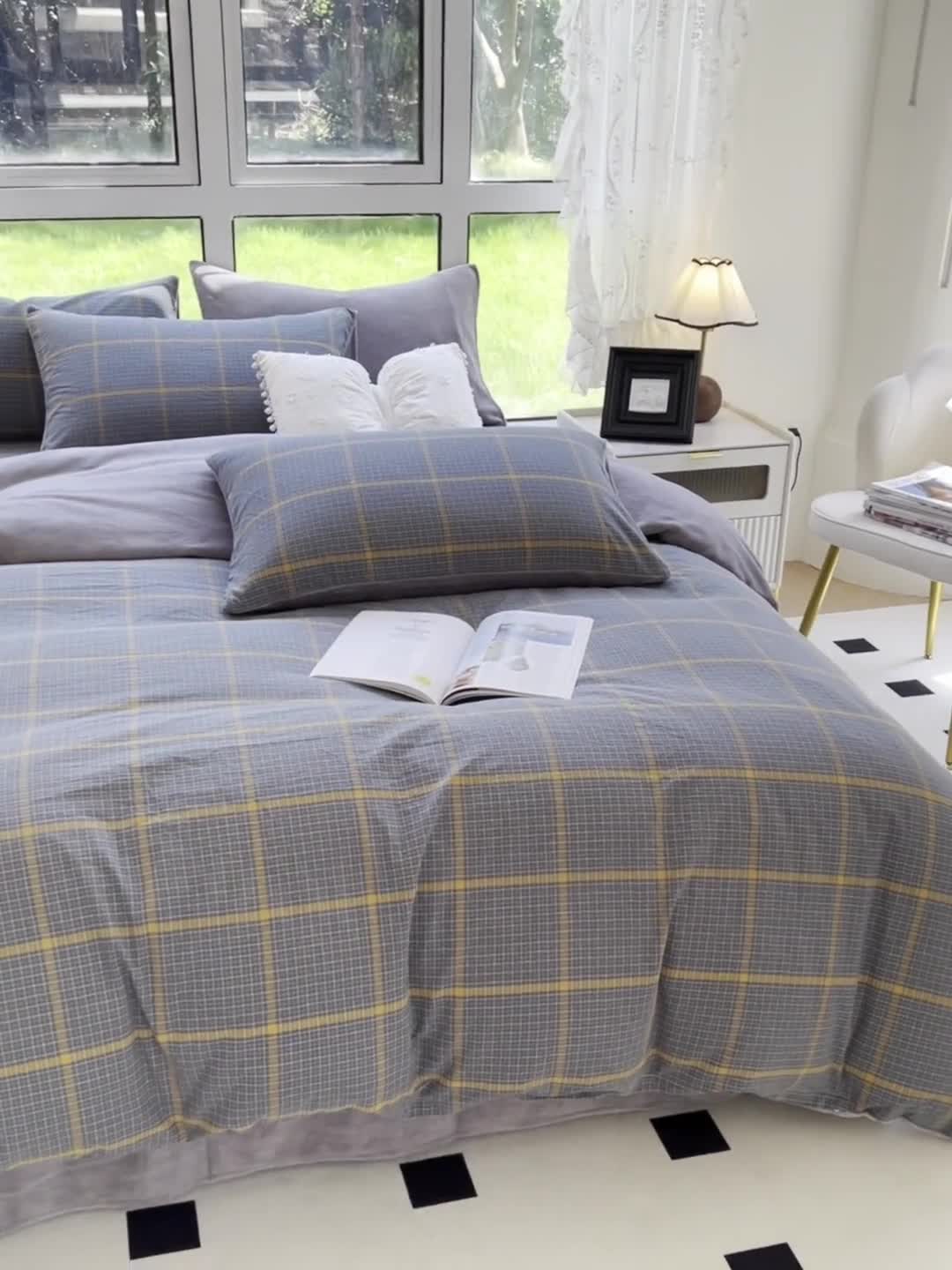 91家纺网 家纺一手货源 找家纺 柠萌 2023新款全棉色织水洗棉加牛奶绒单品被套全棉拼牛奶绒被套 棉+绒-瓦尔灰