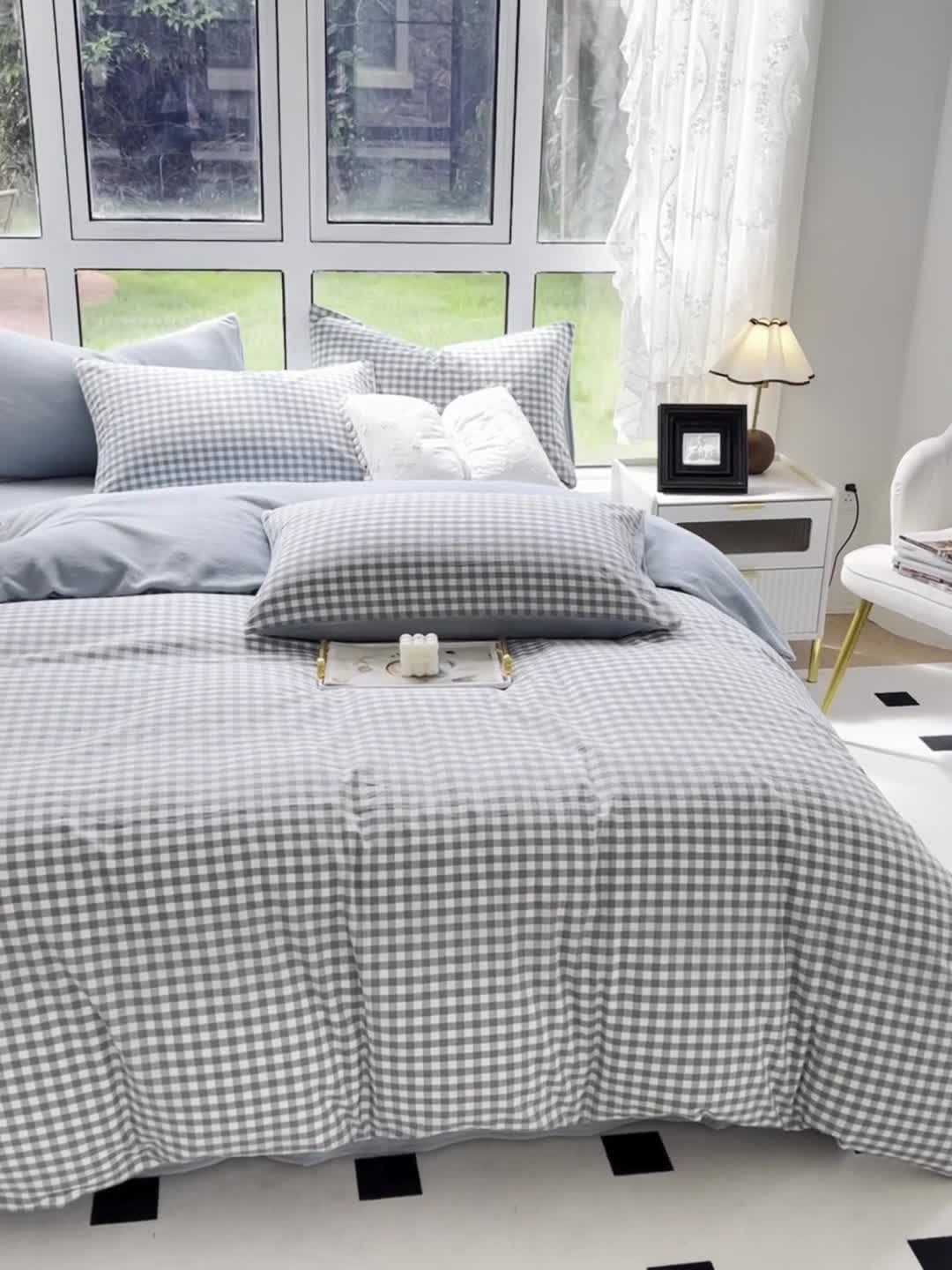 91家纺网 家纺一手货源 找家纺 柠萌 2023新款全棉色织水洗棉加牛奶绒单品被套全棉拼牛奶绒被套 棉+绒-浅蓝小格