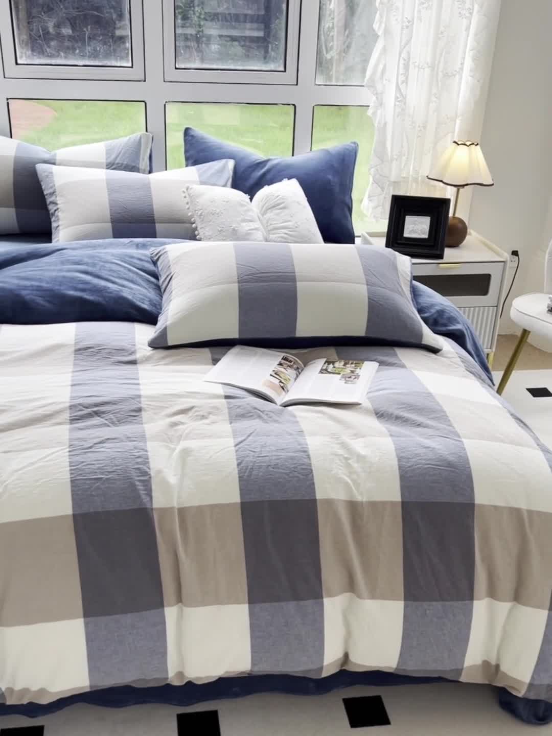 91家纺网 家纺一手货源 找家纺 柠萌 2023新款全棉色织水洗棉加牛奶绒单品被套全棉拼牛奶绒被套 棉+绒-蓝调格