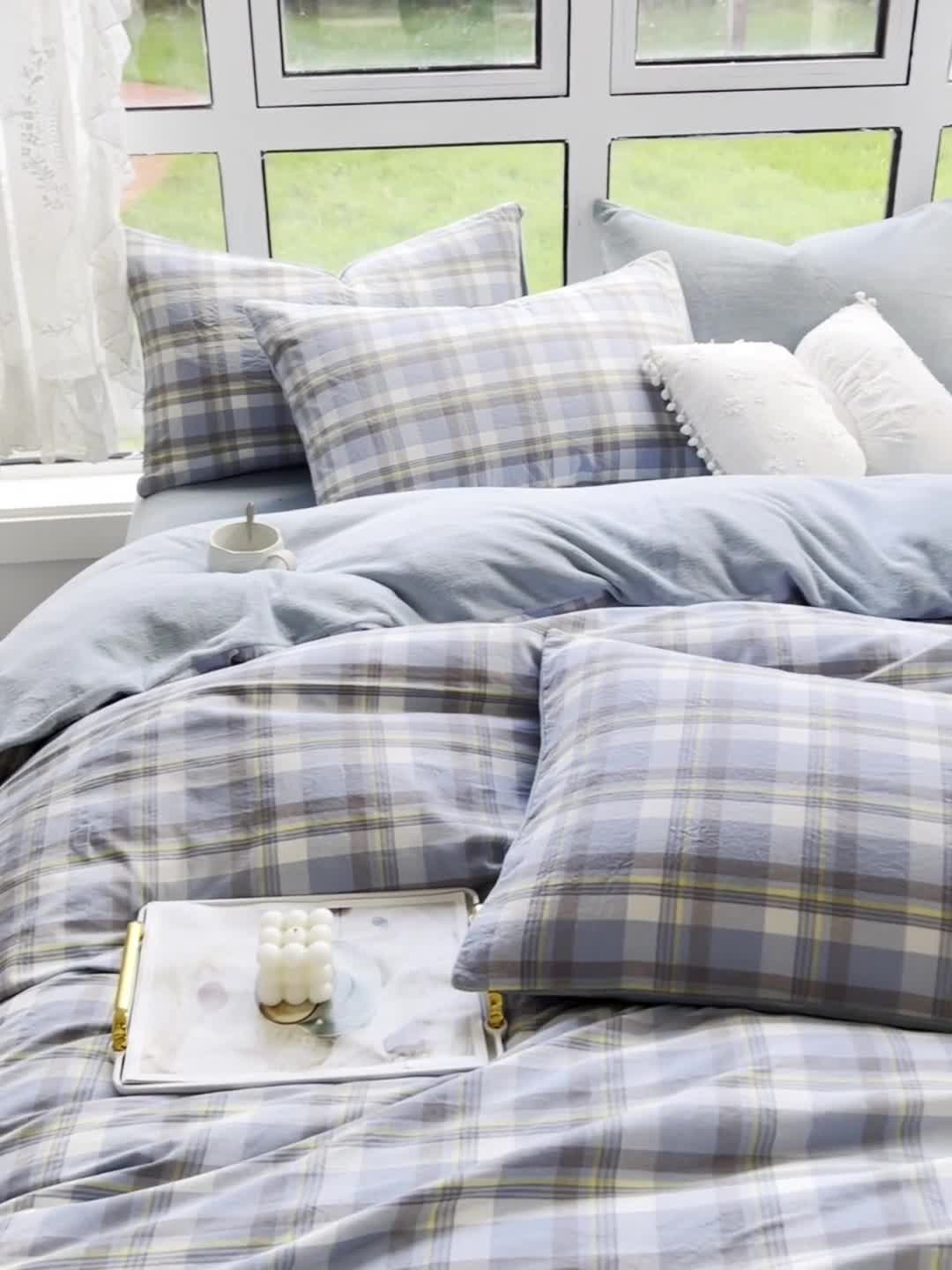 91家纺网 家纺一手货源 找家纺 柠萌 2023新款全棉色织水洗棉加牛奶绒单品被套全棉拼牛奶绒被套 棉+绒-简兮蓝