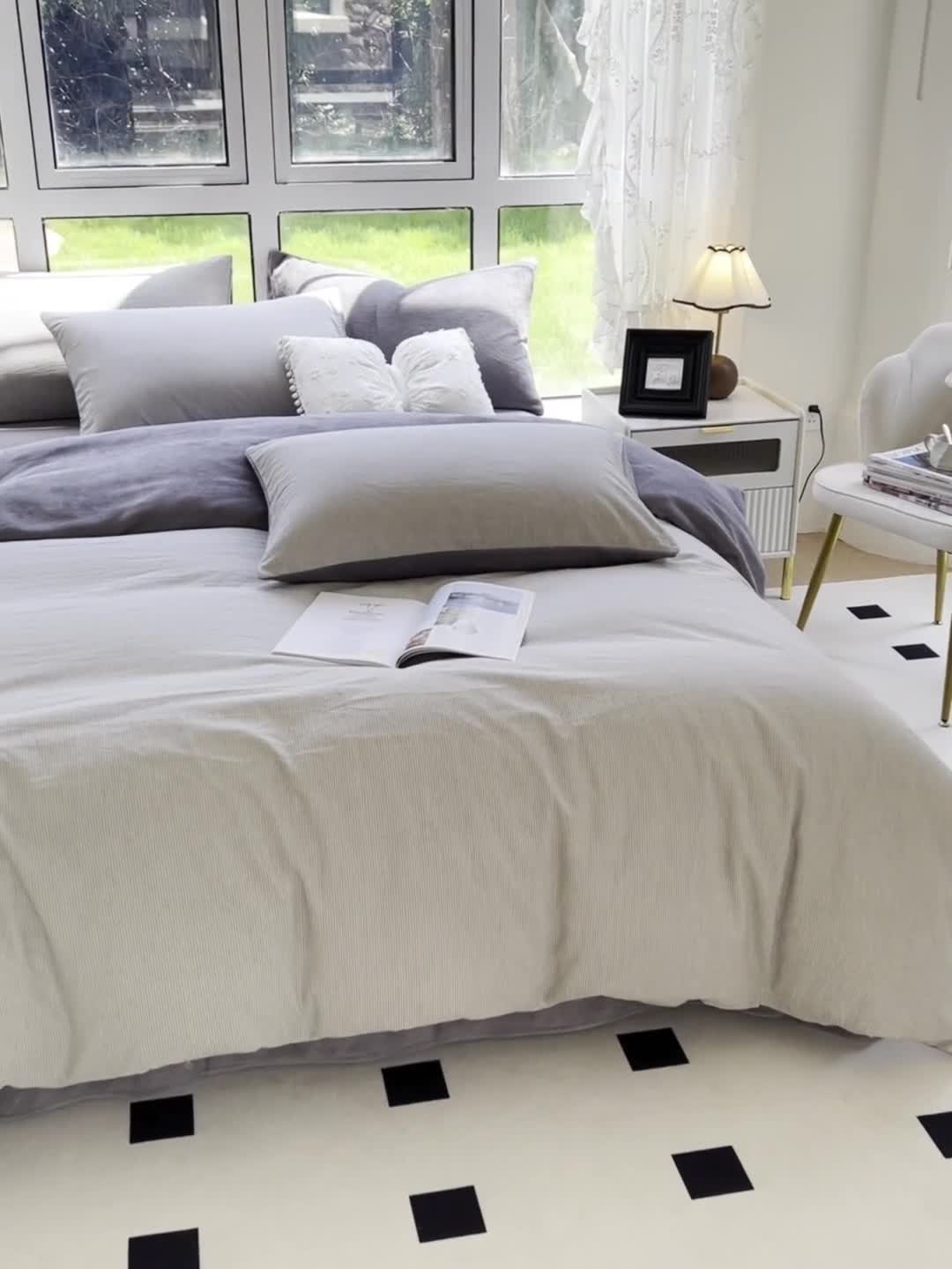 91家纺网 家纺一手货源 找家纺 柠萌 2023新款全棉色织水洗棉加牛奶绒单品被套全棉拼牛奶绒被套 棉+绒-灰极细条