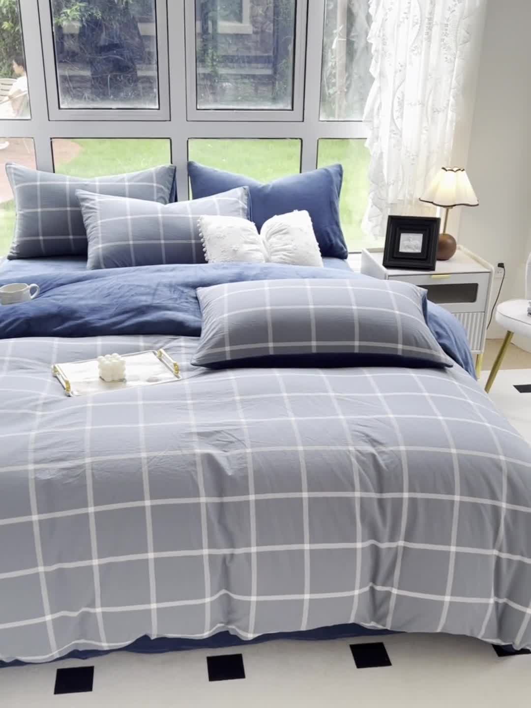 91家纺网 家纺一手货源 找家纺 柠萌 2023新款全棉色织水洗棉加牛奶绒单品被套全棉拼牛奶绒被套 棉+绒-海蓝大格