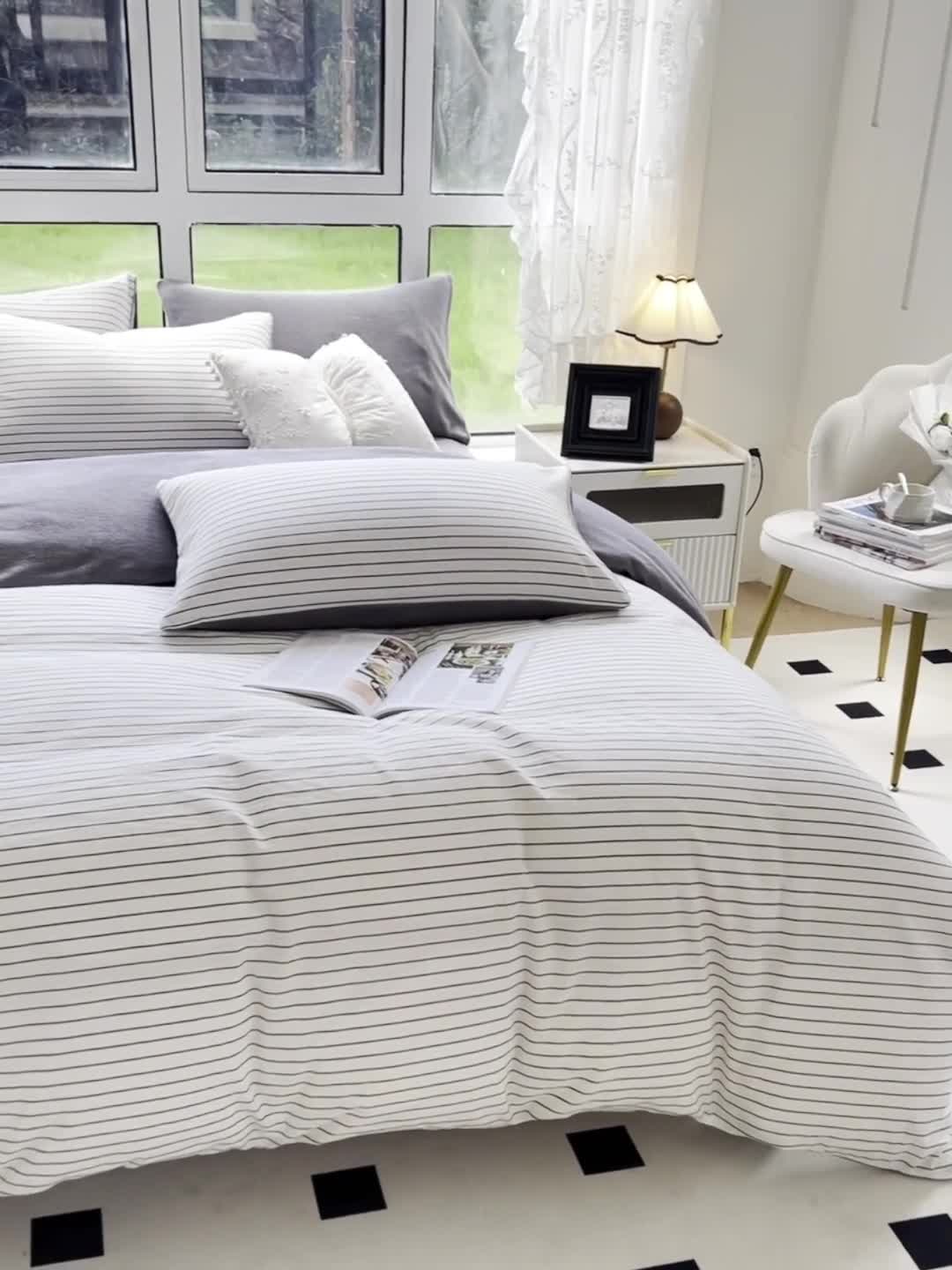 91家纺网 家纺一手货源 找家纺 柠萌 2023新款全棉色织水洗棉加牛奶绒单品被套全棉拼牛奶绒被套 棉+绒-白细条