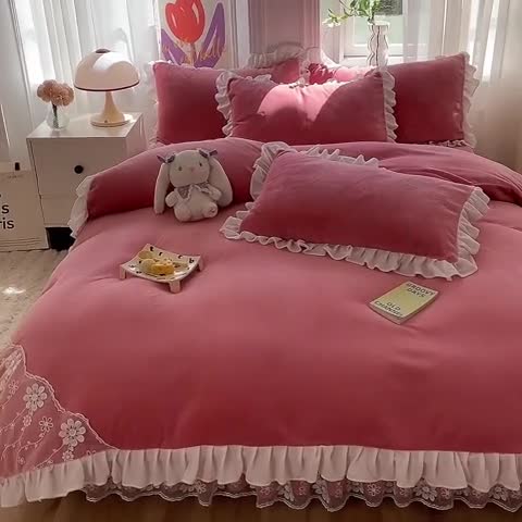 91家纺网 家纺一手货源 找家纺 （总）唐人居 2025新款加厚牛奶绒蕾丝花边四件套-花颜