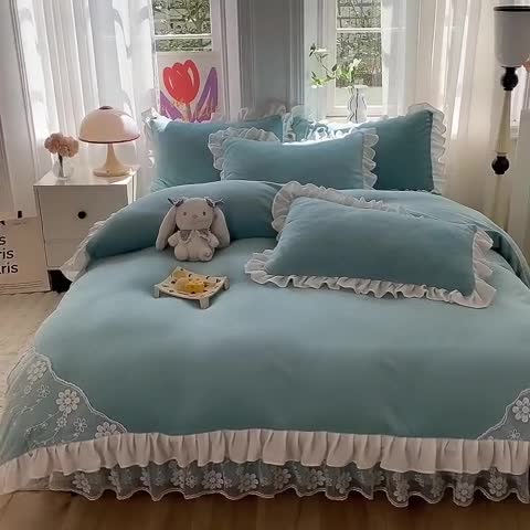 91家纺网 家纺一手货源 找家纺 唐人居 2025新款加厚牛奶绒蕾丝花边四件套-花颜 花颜-天蓝