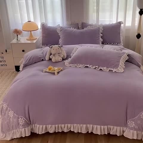 91家纺网 家纺一手货源 找家纺 唐人居 2025新款加厚牛奶绒蕾丝花边四件套-花颜 花颜-浅紫