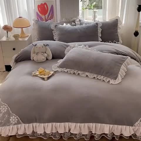 91家纺网 家纺一手货源 找家纺 唐人居 2025新款加厚牛奶绒蕾丝花边四件套-花颜 花颜-浅灰