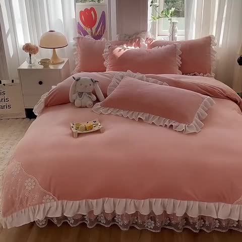 91家纺网 家纺一手货源 找家纺 唐人居 2025新款加厚牛奶绒蕾丝花边四件套-花颜 花颜-浅粉玉