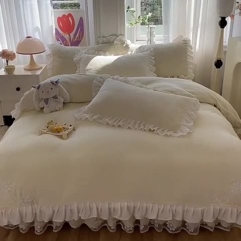 91家纺网 家纺一手货源 找家纺 唐人居 2025新款加厚牛奶绒蕾丝花边四件套-花颜 花颜-奶黄