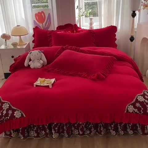 91家纺网 家纺一手货源 找家纺 唐人居 2025新款加厚牛奶绒蕾丝花边四件套-花颜 花颜-玫瑰红