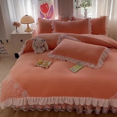 91家纺网 家纺一手货源 找家纺 唐人居 2025新款加厚牛奶绒蕾丝花边四件套-花颜 花颜-橘粉