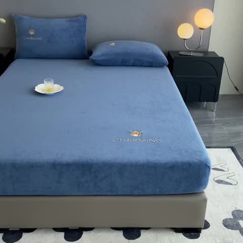 91家纺网 家纺一手货源 找家纺 古吉梦 2023新款牛奶绒刺绣床笠-琳达 琳达-宝石蓝