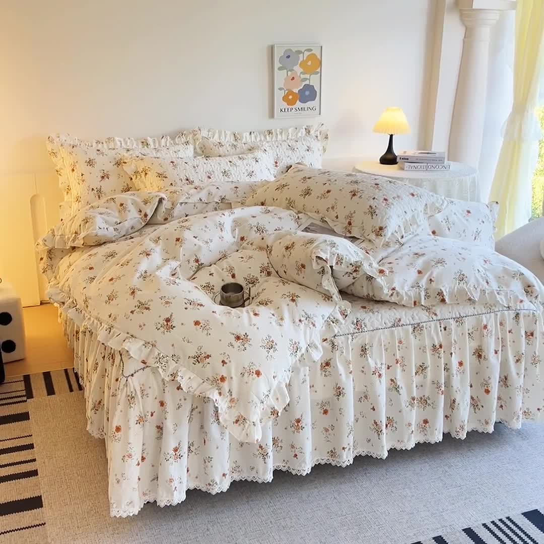 91家纺网 家纺一手货源 找家纺 十个点 2024新款全棉印花床笠式床裙四件套-樱桃系列 甜蜜小花